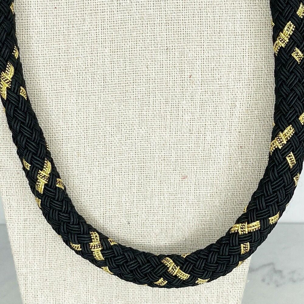 Black and Gold Tone Barrel Braided Soft Necklace - Picture 5 of 6